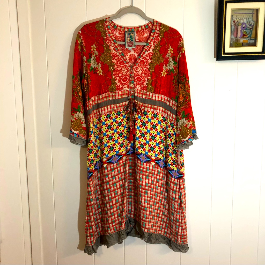 Johnny Was Rayne Patchwork Crepe 3/4 Flare Sleeve Boho Dress Small